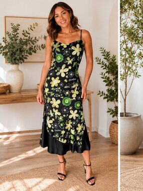Powder Room Y2K Floral Slip Dress | Black & Green Spaghetti Strap Midi Dress